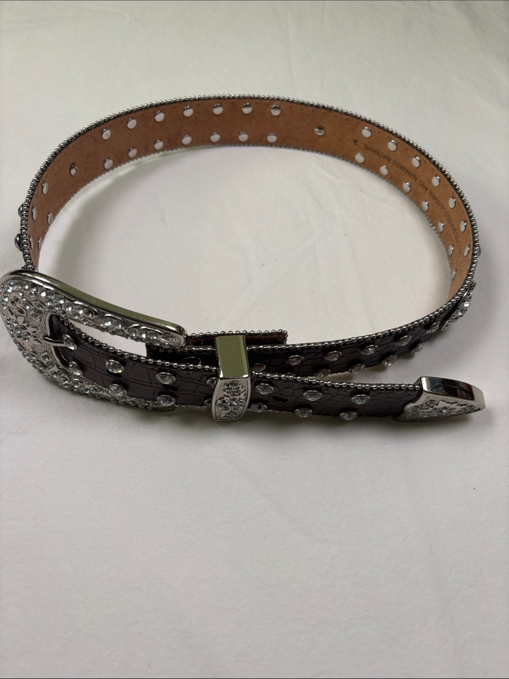 Women's Brown Crystal-Embellished Western Belt with Silver Buckle